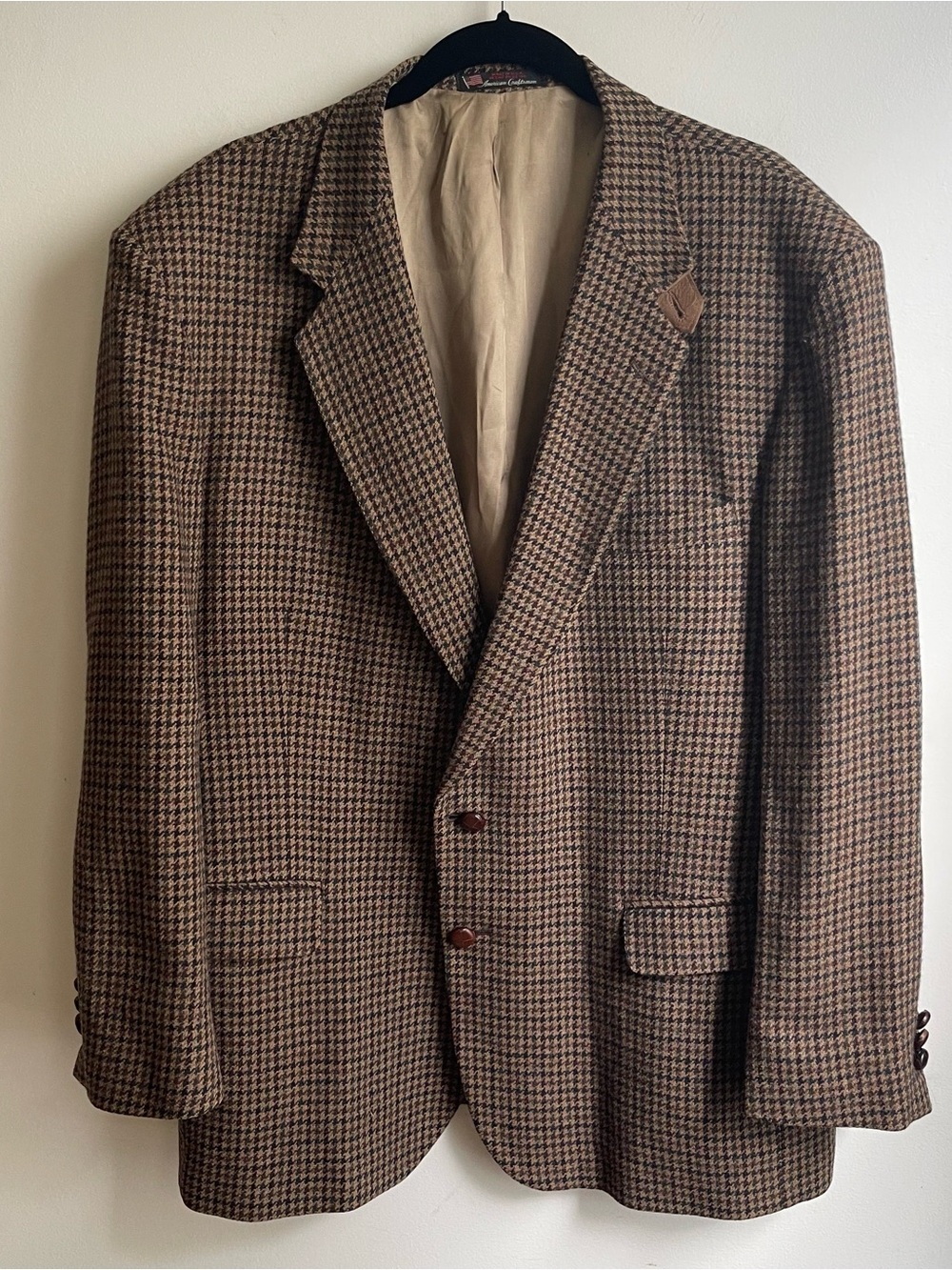 VIntage Stafford Wool Houndstooth Sport Coat Suede Patches Hunting Collar 46 R